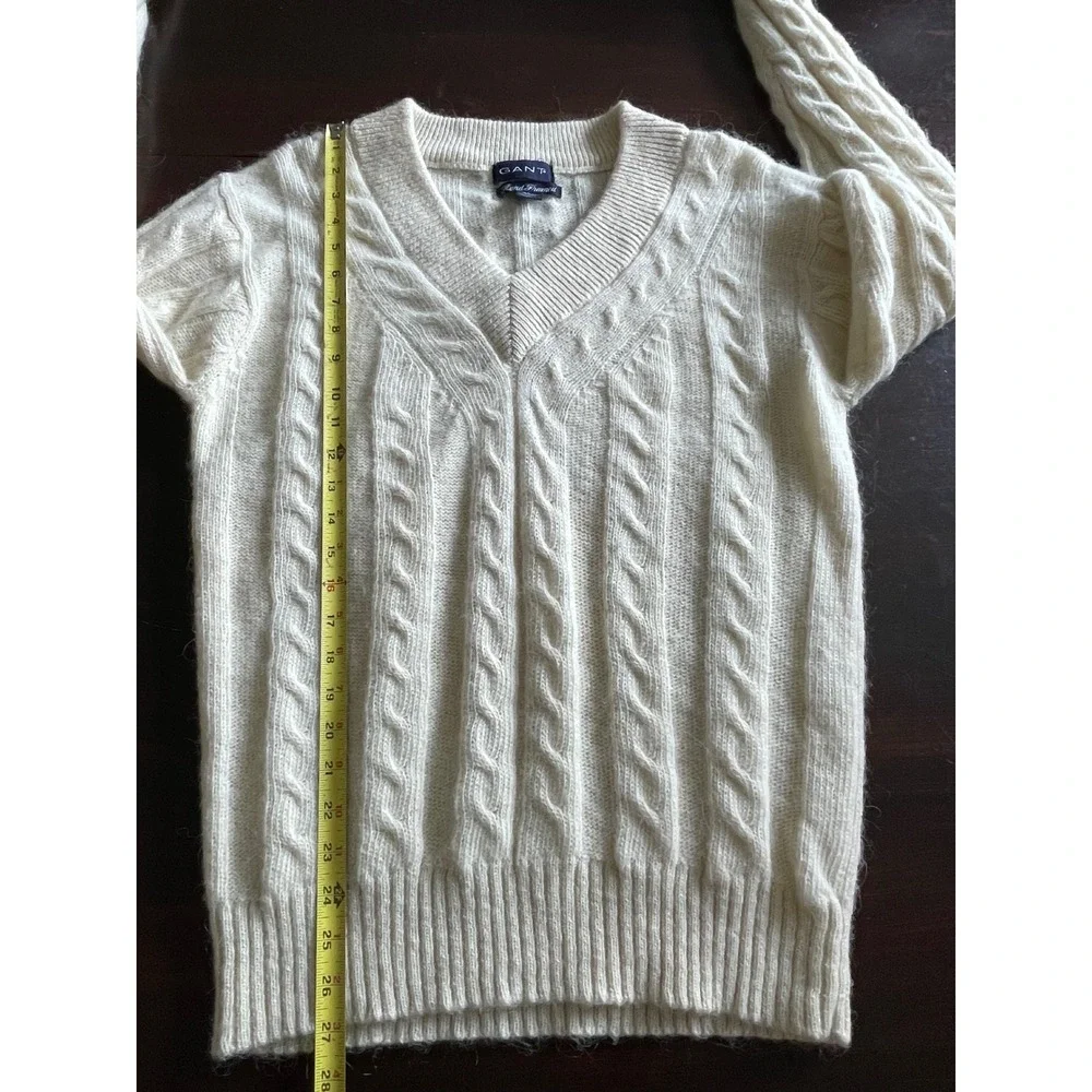 Gant Vintage Alpaca Wool Cable Knit V-Neck Sweater Cream Mens Large Cableknit